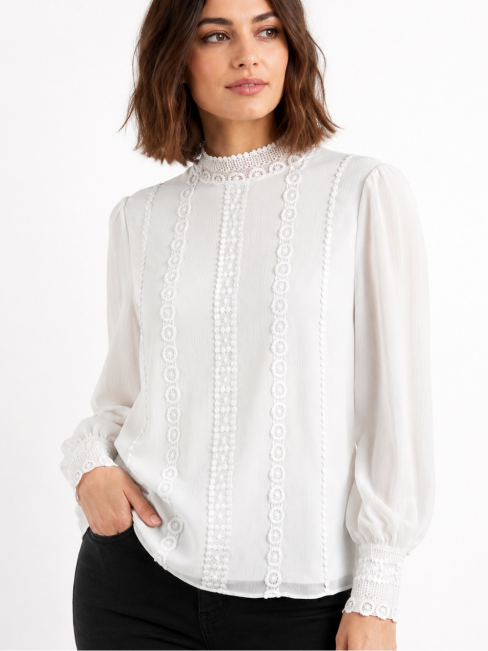 Ted Baker Vessar White Lace Trim Blouse Long Sleeve Size Medium